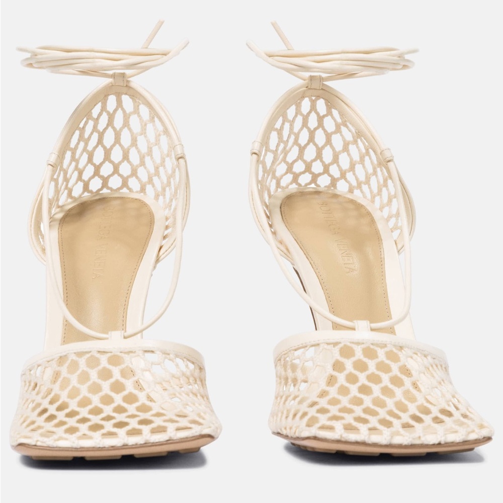 Bottega Veneta Mesh Lace Up Heels Nude Sand Square Toe | 37.5 | W/ Box + Dustbag
